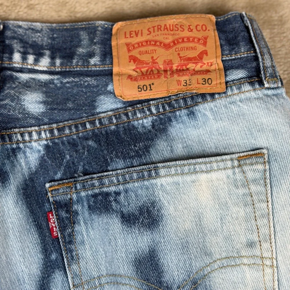 Levis 501 Mens Custom Bleach Splatter Jeans Straight Leg Blue White W33 L30